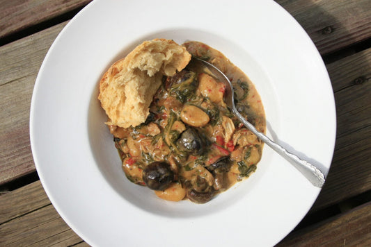 Chicken Thighs and Gnocchi with Smoked Mushrooms & Red Peppers